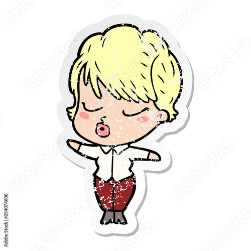 distressed sticker of a cartoon woman with eyes shut