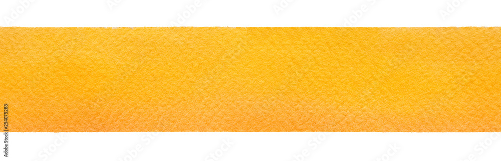 Seamless watercolor blank painted decorative line. Beautiful deep solid yellow color on rough textured paper. Handdrawn water colour gradient illustration on white backdrop, isolated design element. - obrazy, fototapety, plakaty 