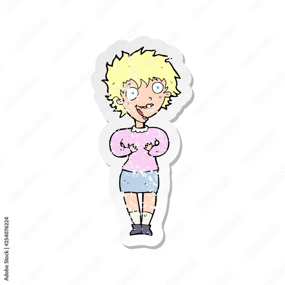retro distressed sticker of a cartoon excited woman retro distressed sticker of a cartoon excited woman