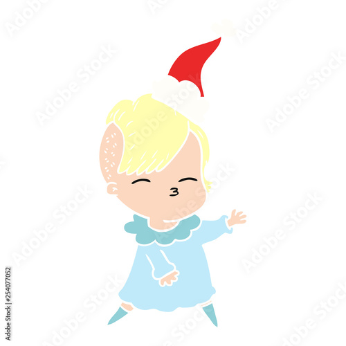 flat color illustration of a squinting girl wearing santa hat
