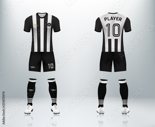 3D realistic of front and back of black and whit stripe soccer jersey t-shirt with pants and socks on shop backdrop. Concept for soccer team uniform or football apparel mockup template in vector