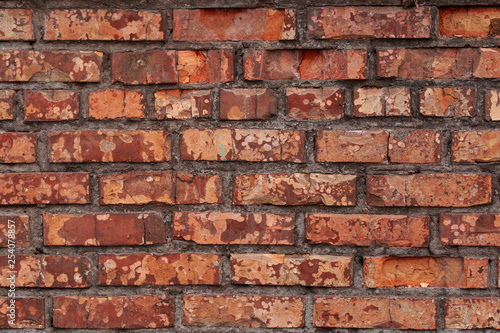 Old brick wall with scratches, cracks, dust, crevices, roughness. Can be used as a poster or background for design.