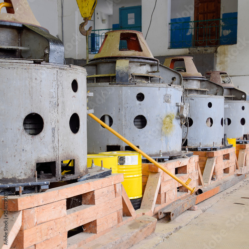 Engines of water pumps at a water pumping station. Pumping irrig photo