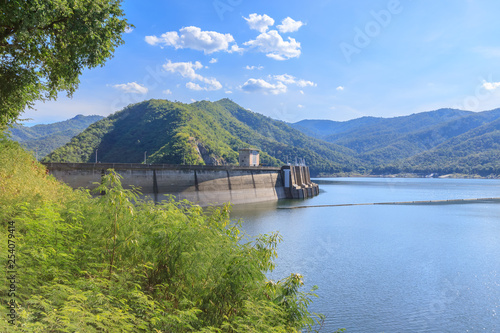 Bhumibol Dam with hydroelectric power plant and reservoir lake on Ping River, Tak, Thailand 