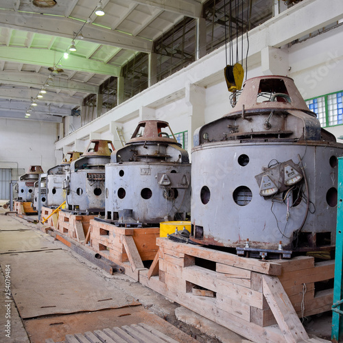 Engines of water pumps at a water pumping station. Pumping irrig photo