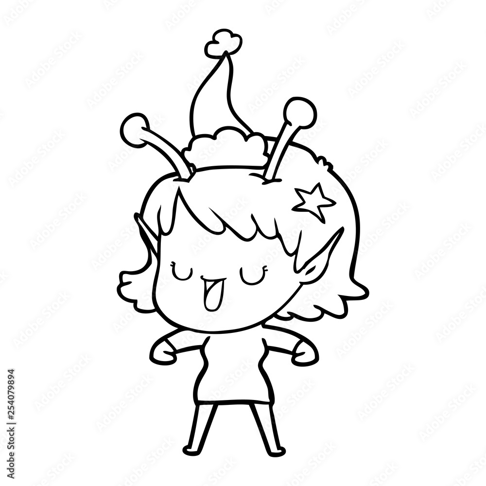 happy alien girl line drawing of a wearing santa hat happy alien girl line drawing of a wearing santa hat