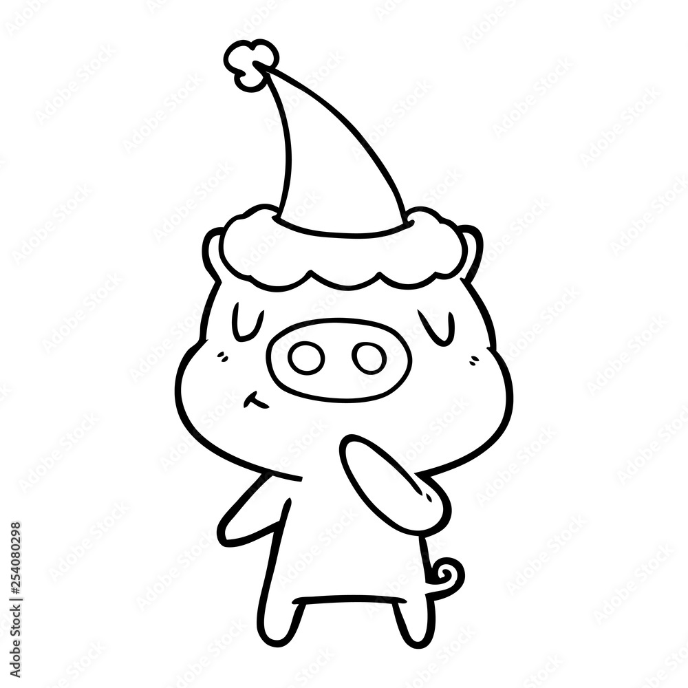 line drawing of a content pig wearing santa hat line drawing of a content pig wearing santa hat