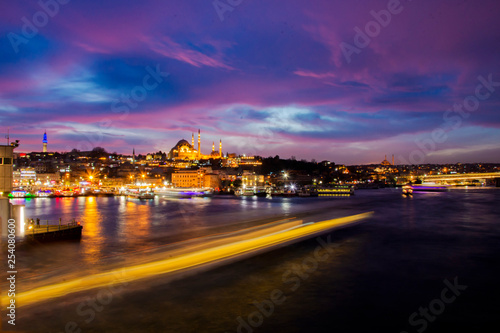 Fototapeta Naklejka Na Ścianę i Meble -  A mosque on the sea and long lights on the sea in Istanbul Turkey