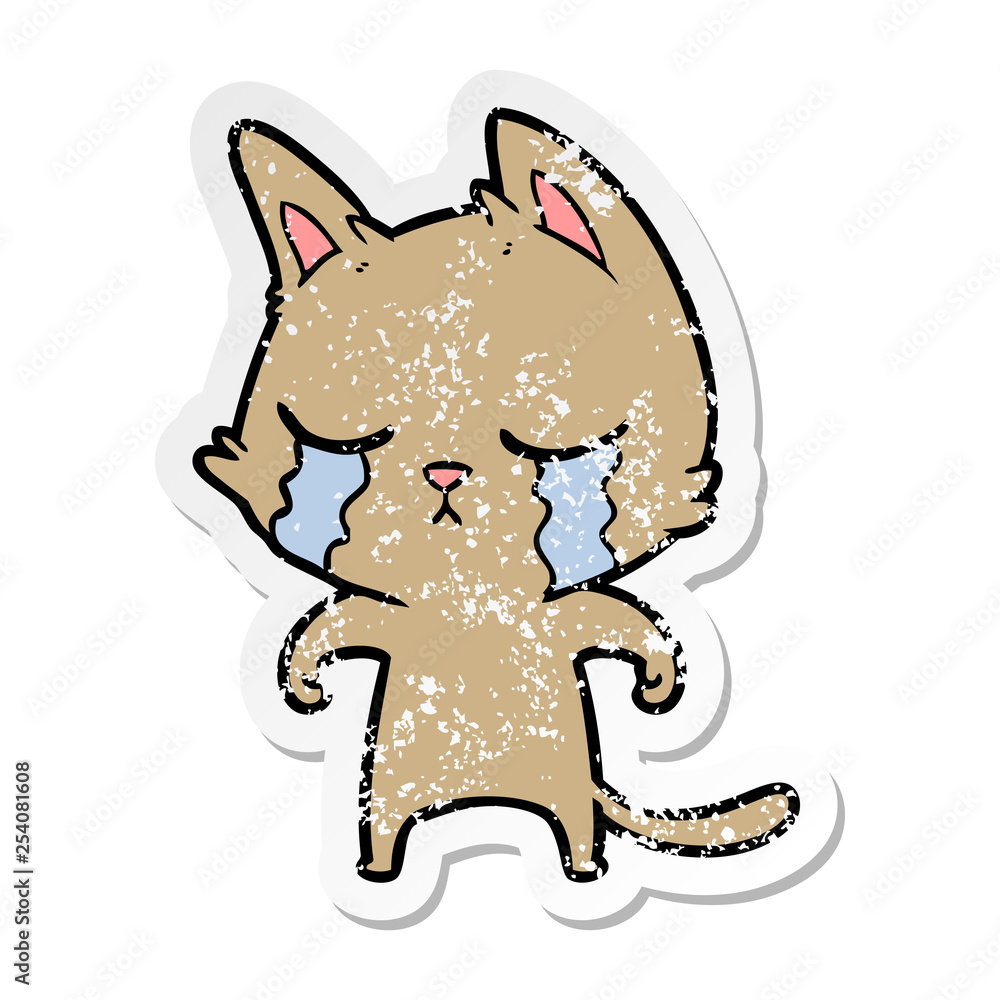 distressed sticker of a crying cartoon cat distressed sticker of a crying cartoon cat