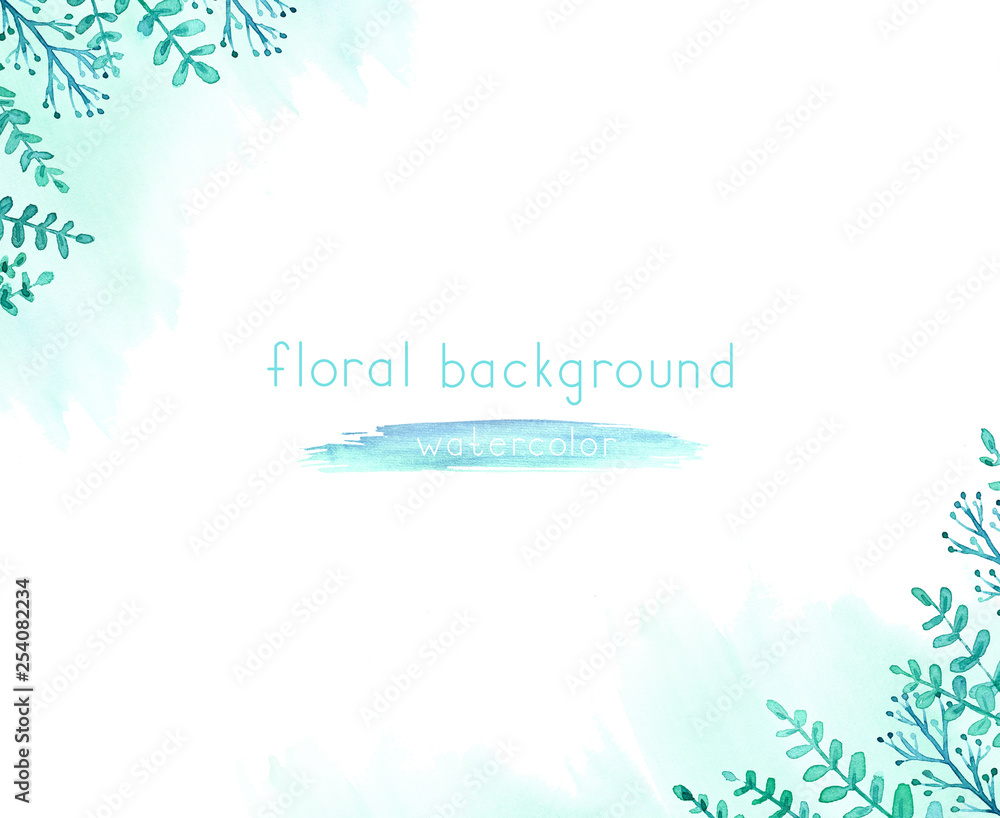 Watercolor background with green leaves and branches.