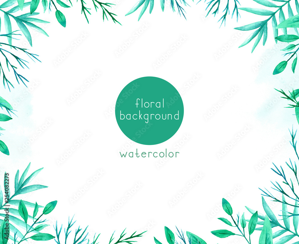 Watercolor background with green leaves and twigs.