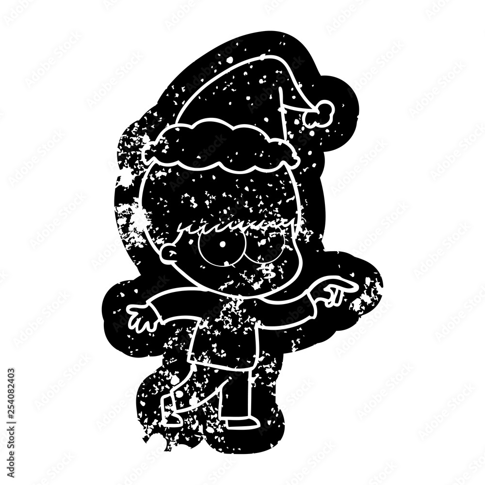 nervous cartoon distressed icon of a boy wearing santa hat