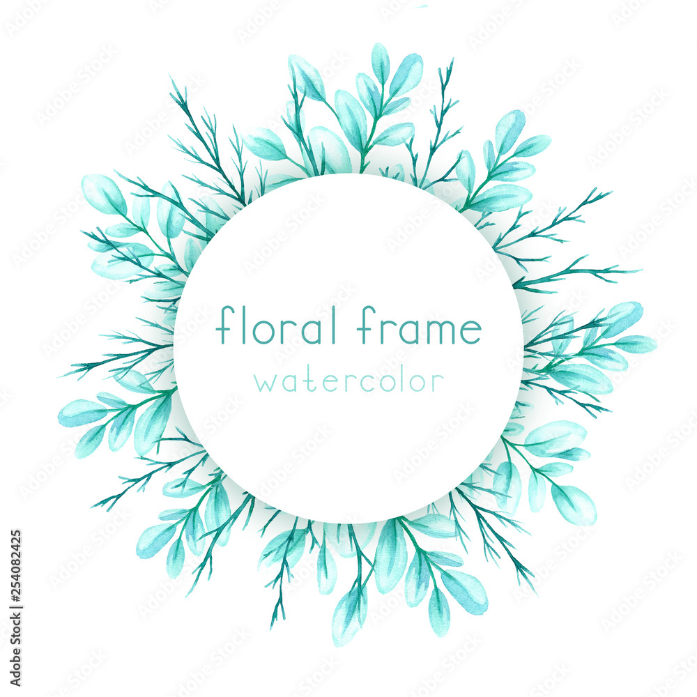 Frame with watercolor green leaves and branches.