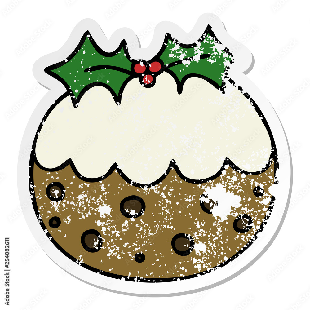 distressed sticker of a quirky hand drawn cartoon christmas pudding distressed sticker of a quirky hand drawn cartoon christmas pudding