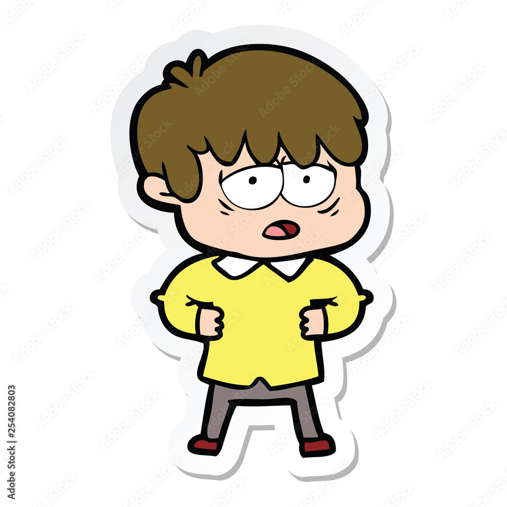 sticker of a cartoon exhausted boy