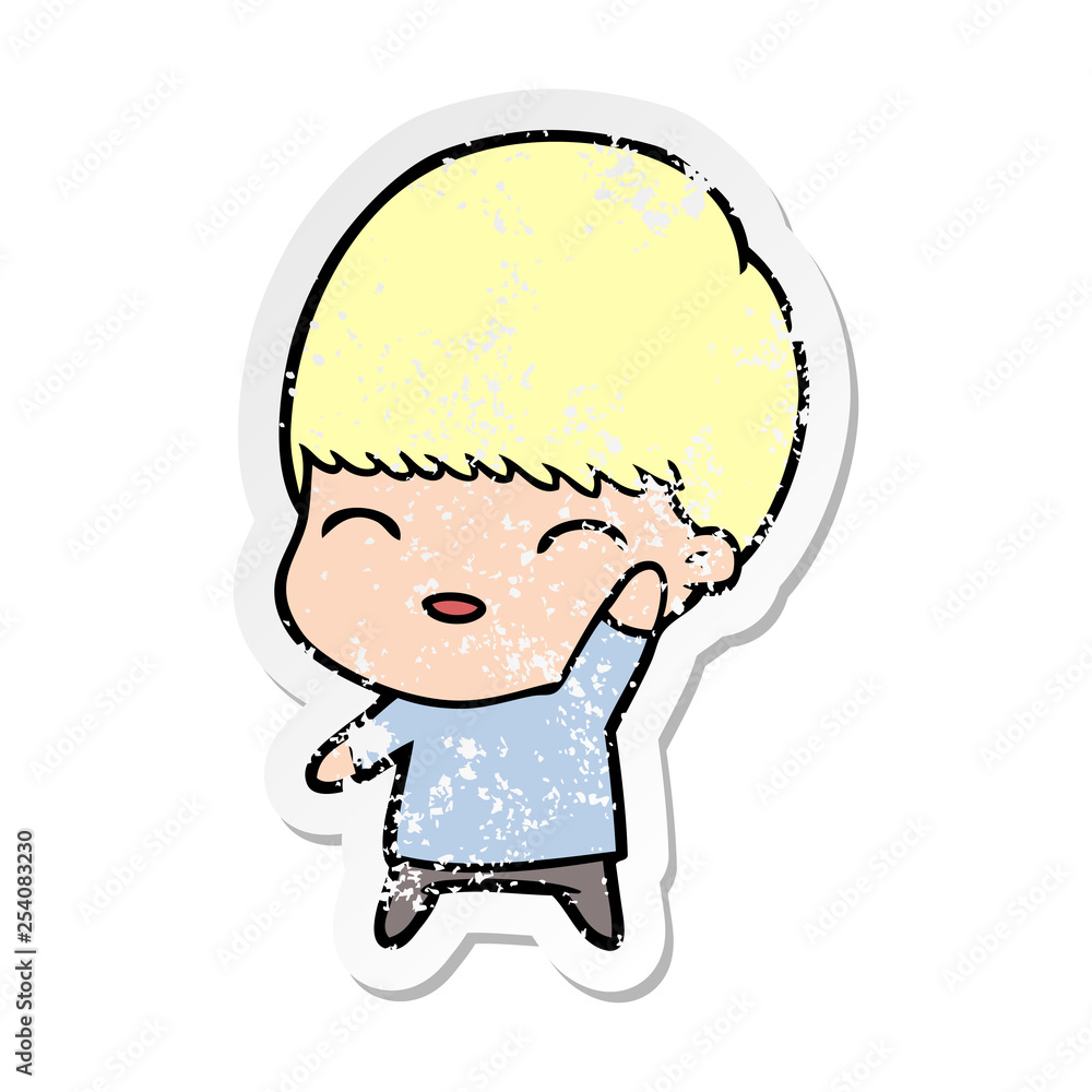 distressed sticker of a happy cartoon boy distressed sticker of a happy cartoon boy