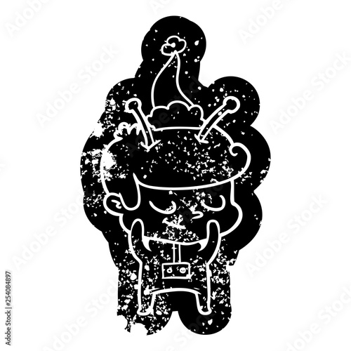 shy cartoon distressed icon of a spaceman wearing santa hat