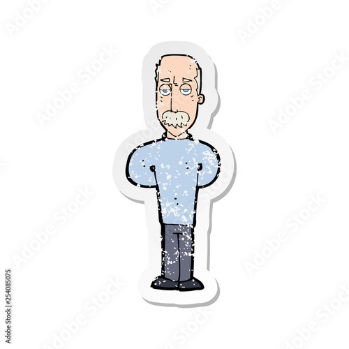 retro distressed sticker of a cartoon annoyed balding man