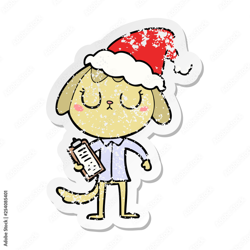cute distressed sticker cartoon of a dog wearing office shirt wearing santa hat