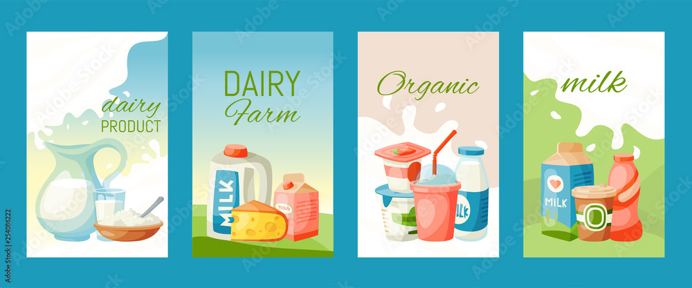 Dairy products or milk set vector illustration. Fresh, quality, organic food cards or banners. Great taste and nutritional value. Milk, cheese, yogurt, cottage cheese, sour cream.