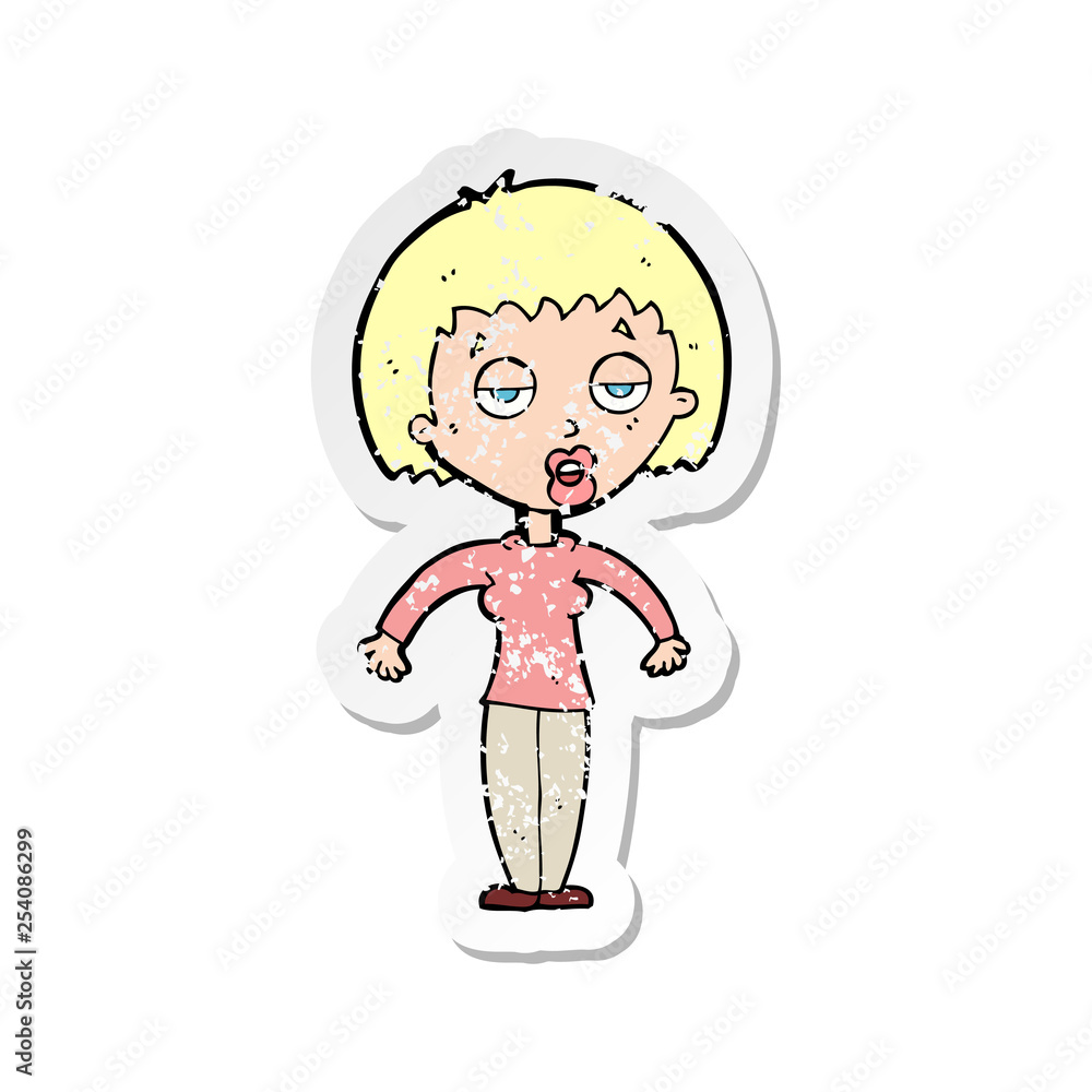 retro distressed sticker of a cartoon woman shrugging shoulders retro distressed sticker of a cartoon woman shrugging shoulders