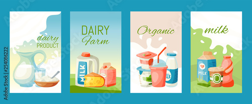 Dairy products or milk set vector illustration. Fresh, quality, organic food cards or banners. Great taste and nutritional value. Milk, cheese, yogurt, cottage cheese, sour cream.