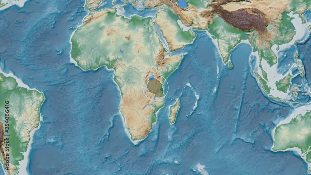 Tanzania area presented against the global physical map in the Kavrayskiy VII projection with animated oblique transformation Tanzania area presented against the global physical map in the Kavrayskiy VII projection with animated oblique transformation