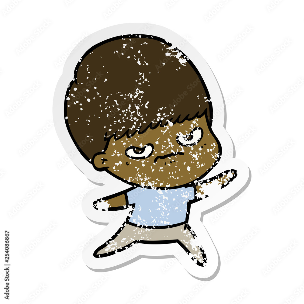 distressed sticker of a cartoon angry boy distressed sticker of a cartoon angry boy