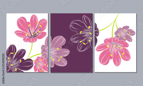 Floral background with flowers of clivia. Element for design. Set of 3 canvases for wall decoration in the living room, office, bedroom, kitchen, office. Home decor of the walls. 