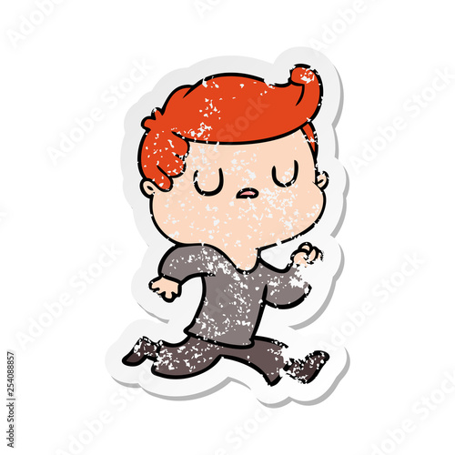 distressed sticker of a cartoon aloof man running