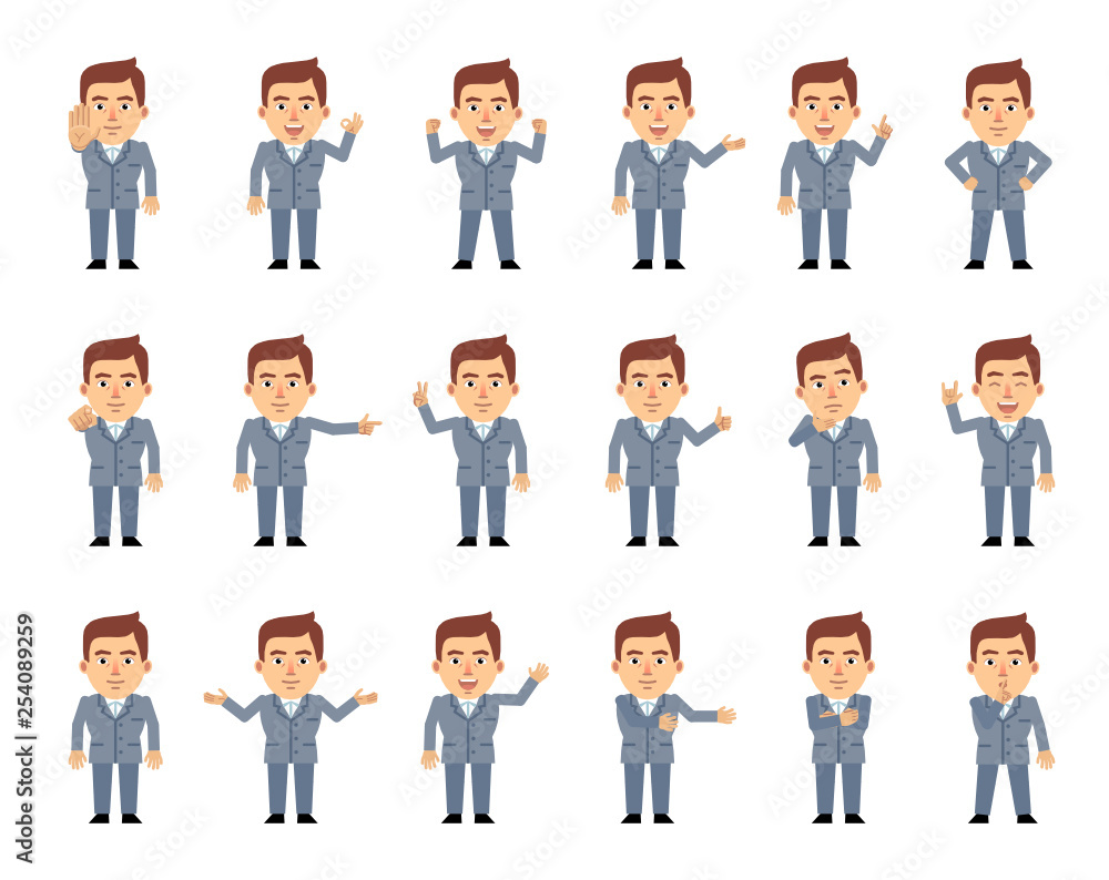 Big set of businessman characters showing diverse hand gestures. Cheerful man in suit pointing, greeting, showing thumb up, stop, victory hand and other gestures. Simple vector illustration
