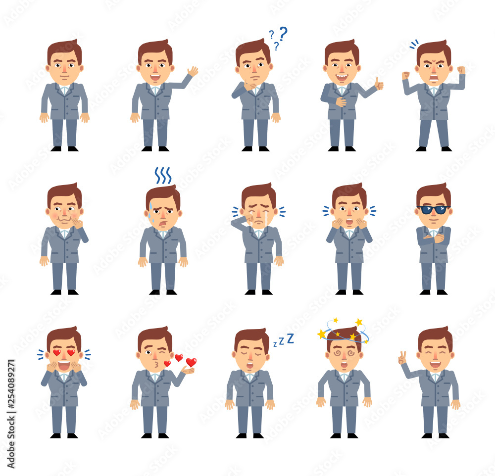 Set of businessman characters showing diverse emotions, actions. Funny businessman laughing, crying, surprised, angry, dazed, in love, sleeping and showing other emotions. Simple vector illustration Set of businessman characters showing diverse emotions, actions. Funny businessman laughing, crying, surprised, angry, dazed, in love, sleeping and showing other emotions. Simple vector illustration
