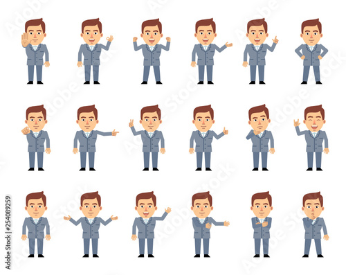 Big set of businessman characters showing diverse hand gestures. Cheerful man in suit pointing, greeting, showing thumb up, stop, victory hand and other gestures. Simple vector illustration