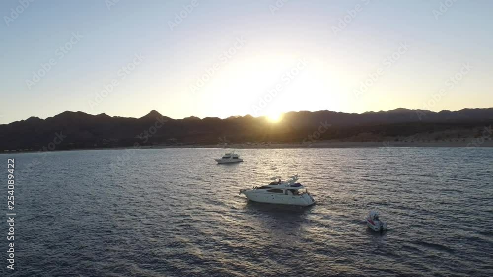 Aerial shot of boats at sunset, Cabo Pulmo National Park, Baja California Sur