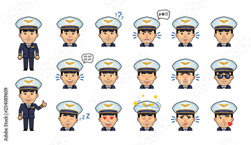Set of airline pilot emoticons. Funny captain emojis showing various facial expressions. Happy, sad, smile, laugh, shocked, tired, angry, dazed, sleepy and other emotions. Simple vector illustration