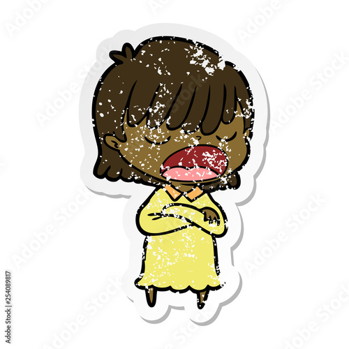 distressed sticker of a cartoon woman talking loudly