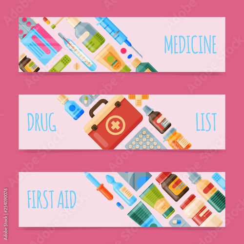 Medicine set of banners vector illustration. Medicine, pharmacy store, hospital set of drugs with labels. Medication, pharmaceutics concept. Medical pills and bottles. Drug list.