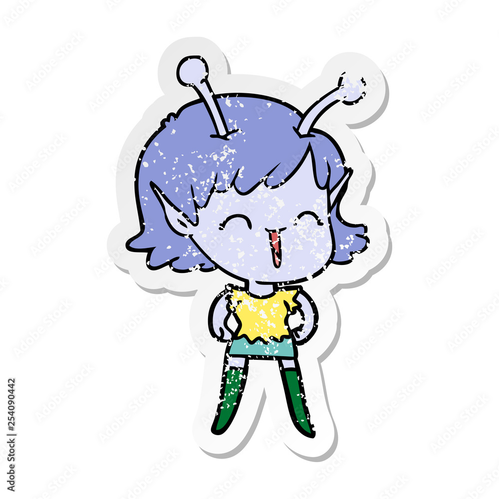 distressed sticker of a cartoon alien girl laughing distressed sticker of a cartoon alien girl laughing