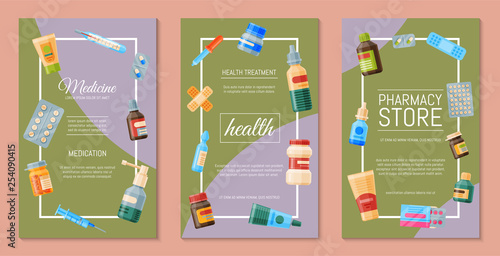 Medicine set of poster cards vector illustration. Medicine, pharmacy store, hospital set of drugs with labels. Medication, pharmaceutics concept. Different medical pills and bottles.