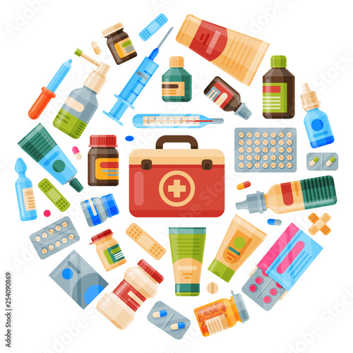 Medicine round pattern vector illustration. Medicine, pharmacy, hospital set of drugs with labels. Medication, pharmaceutics concept. Different medical pills and bottles.