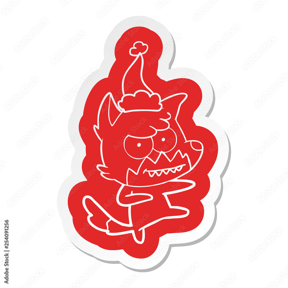 cartoon sticker of a grinning fox wearing santa hat cartoon sticker of a grinning fox wearing santa hat