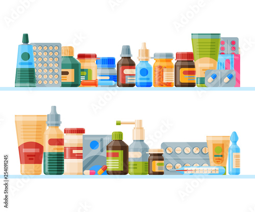 Medication on shelf banner vector illustration. Medicine, pharmacy store, hospital set of drugs with labels. Pharmaceutics concept. Medical pills and bottles. Drugs list.