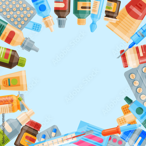 Medicine round pattern vector illustration. Medicine, pharmacy, hospital set of drugs with labels. Medication, pharmaceutics concept. Different medical pills and bottles.