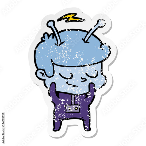 distressed sticker of a shy cartoon spaceman