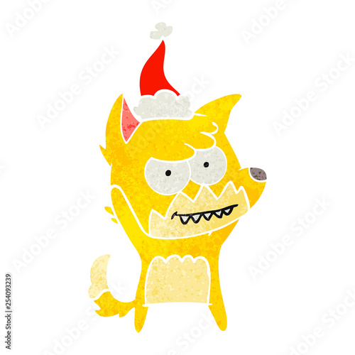 retro cartoon of a grinning fox wearing santa hat