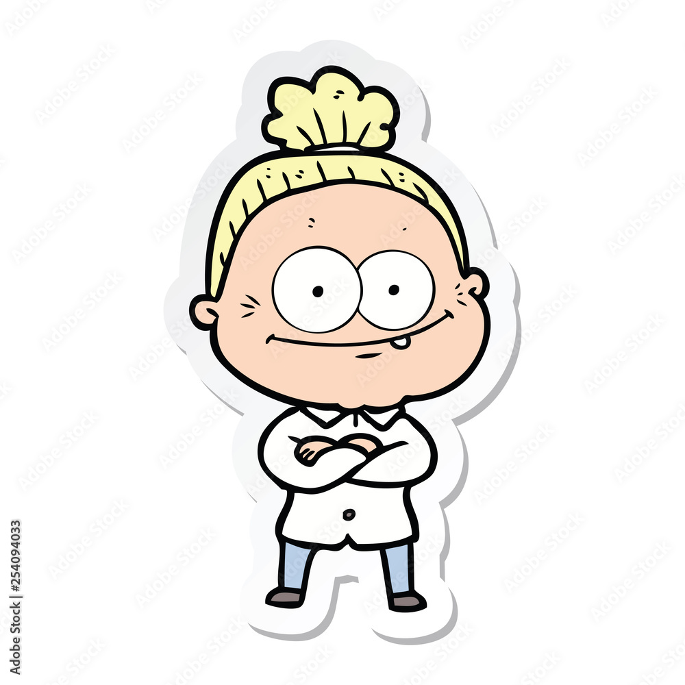 sticker of a cartoon happy old woman