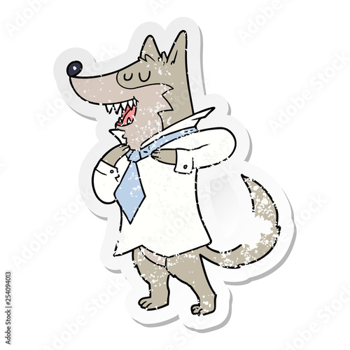 distressed sticker of a cartoon office wolf getting dressed