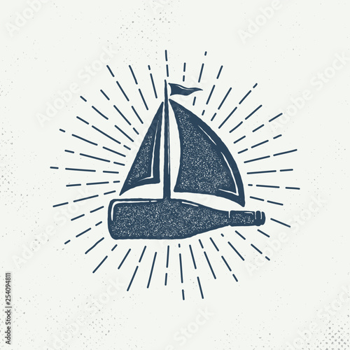 Bottle sailboat with sunburst. Hand drawn on a white background, an inspirational logo. Hand-drawn monochrome black sketch design illustration. - Vector