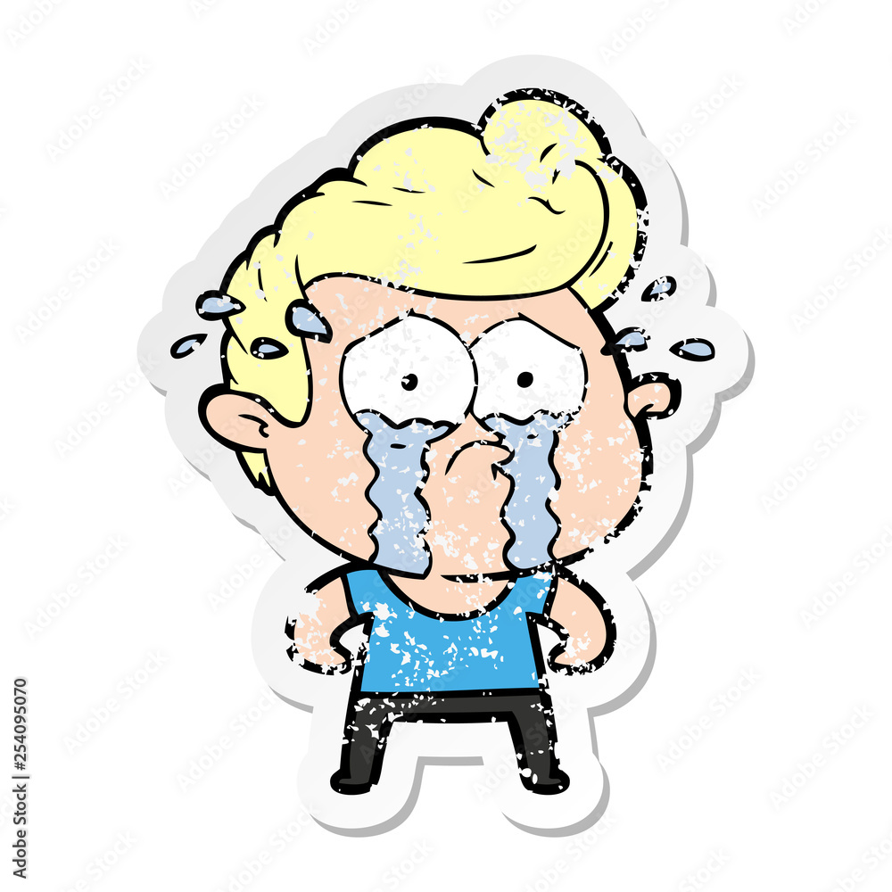 distressed sticker of a cartoon crying man distressed sticker of a cartoon crying man