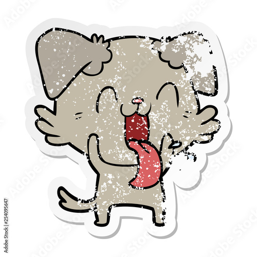 distressed sticker of a cartoon panting dog